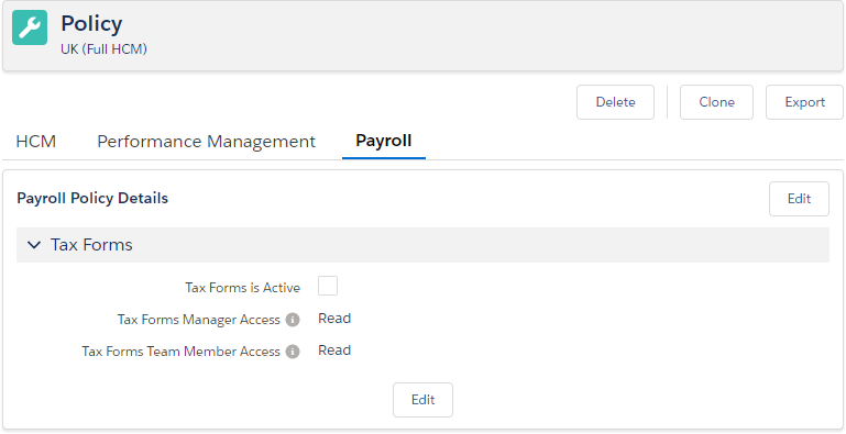 Screenshot: Payroll tab on the Policy page